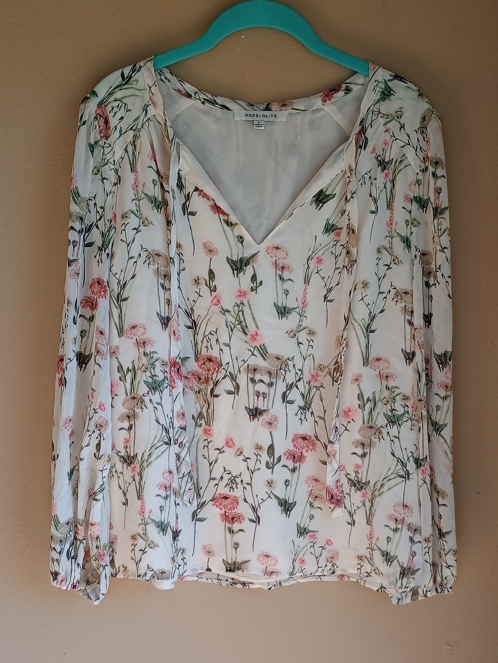 Rose+Olive Floral Long Sleeve Boho Blouse Cottage Core Top Size S